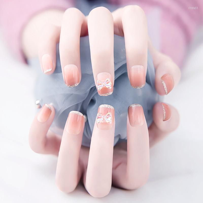 

False Nails 24PCS Shiny Bow Nail Patch Sweet Style Press On Removable Midi Paragraph Manicure Save Time Glue Type Fake SANA889, White