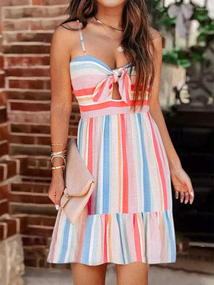 

Casual Dresses Colorful Striped Bowknot Strapless Bandeau Mini Women Sexy Hollow Out Boho Beach Sleeveless Tie Front Tube Top Dress