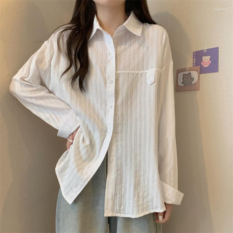 

Women' Blouses -4XL Large Size Straight Loose Shirts Women Spring Simple Long Sleeve Chic Fashion Korean Solid Color Striped Tops, White