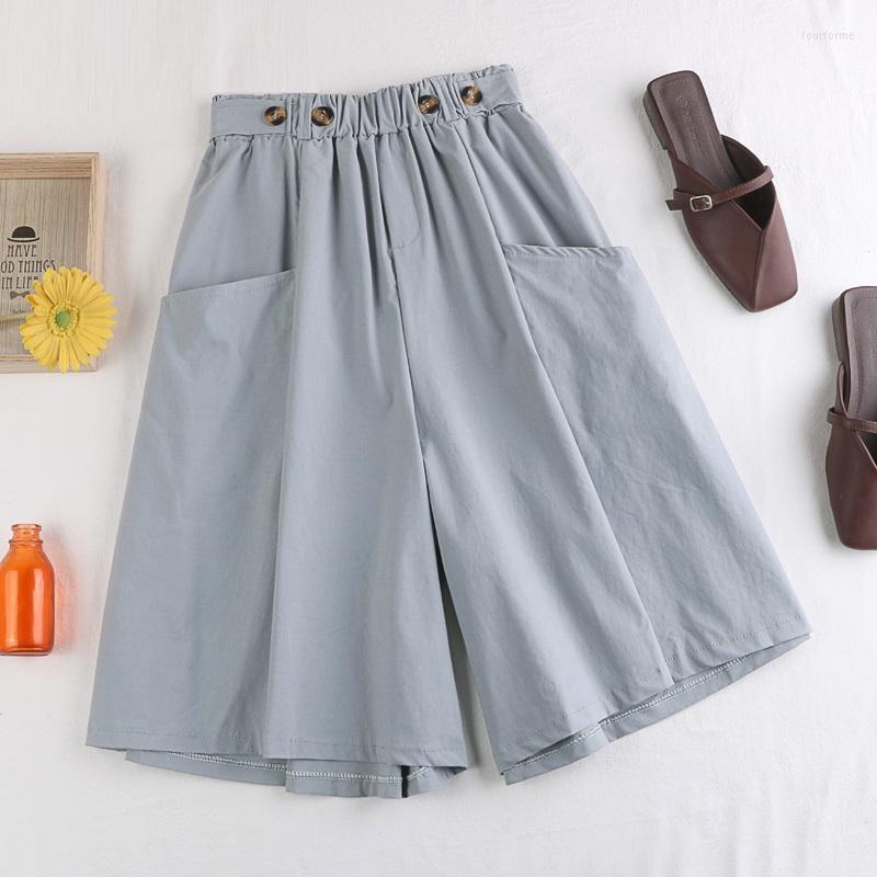 

Women's Shorts Fashion 2023Summer Korean Loose Big Pocket Wide Leg Capris Women Short Pant Chic Buttons High Elastic Waist Skirts Female, Green