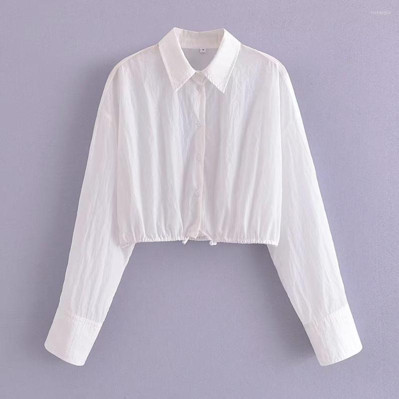 

Women's Blouses Women Long Sleeve Cropped Shirts Elastic Buckle Waist Short Tops White