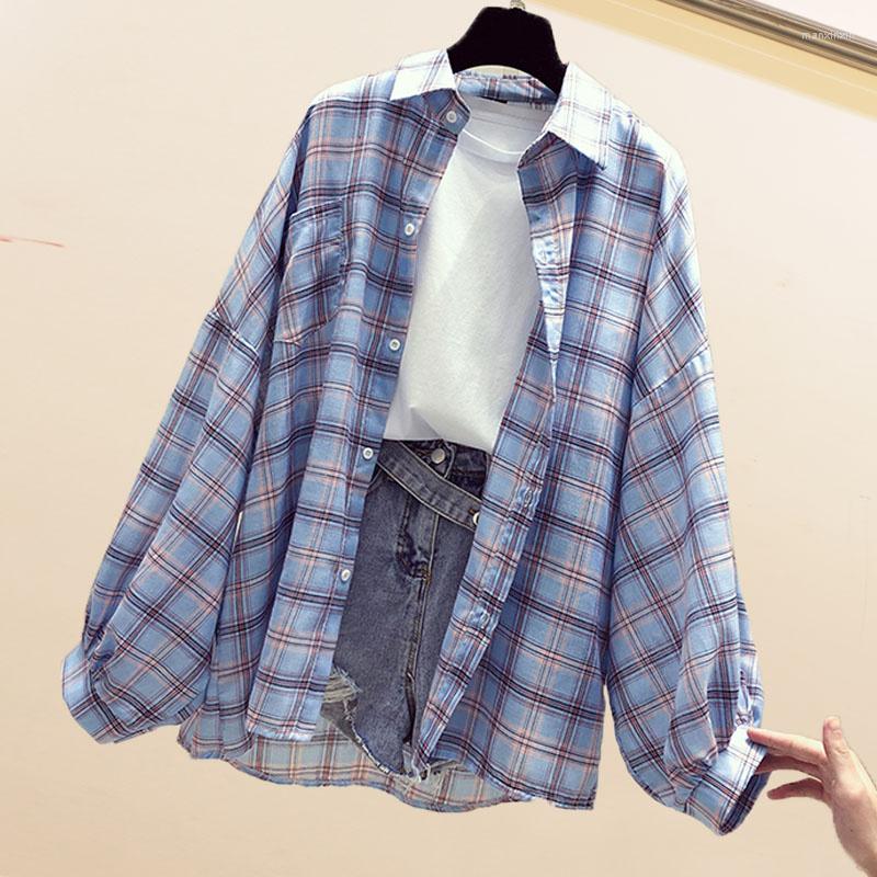 

Women' Blouses Spring Summer Fashion Female Vintage Long Sleeve Loose Plaid Blouse Tops Women Chiffon Casual Shirts Sun Protection, Lbu