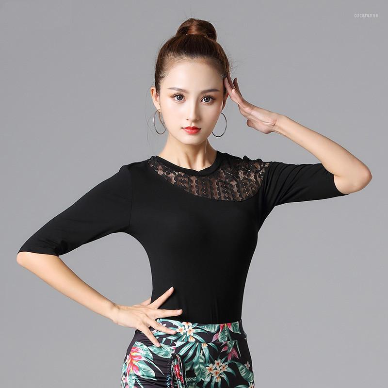 

Stage Wear H2629 Lady Latin Dance Top Clothing Women Middle Sleeve Round Neck Lace Costumes National Standard Ballroom Practice, Black