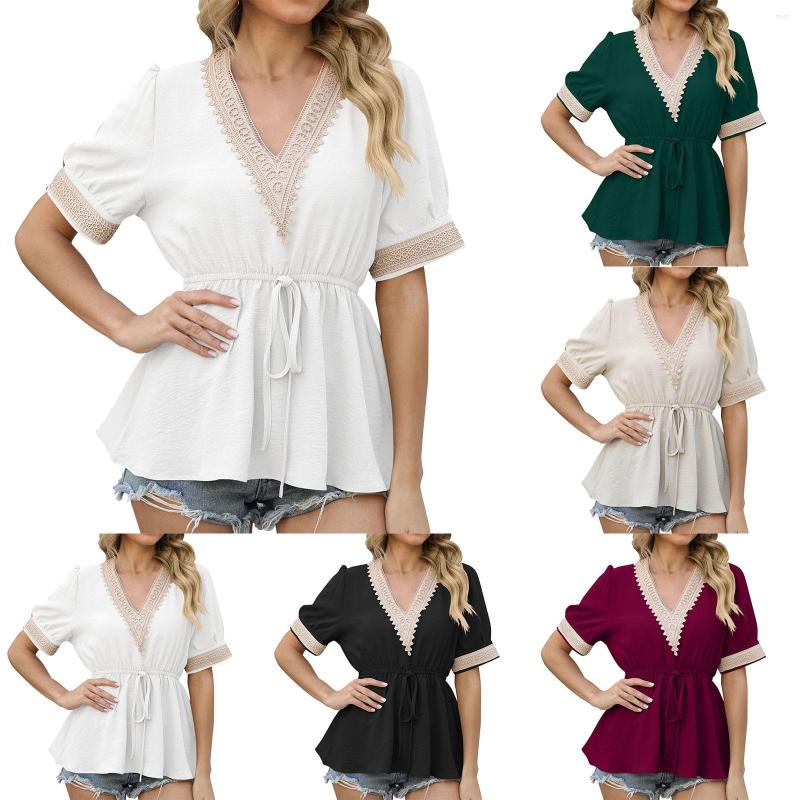 

Women's T Shirts 2023 Summer V Neck Lace Short Sleeve Shirt Waisted Elegant Women's Chiffon Top, Khaki