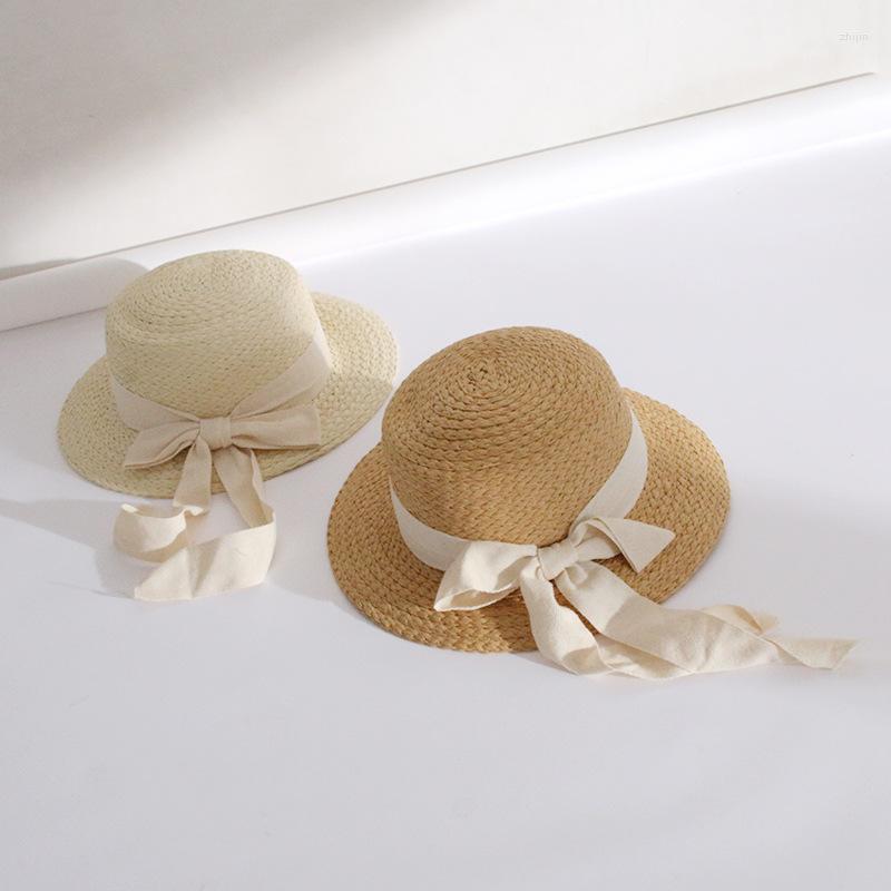 

Wide Brim Hats High Quality Female Straw Flat Top Sun Elegant Bow Ribbon Anti-UV Beach Hat Women's Girl Summer Holiday Cap, Khaki