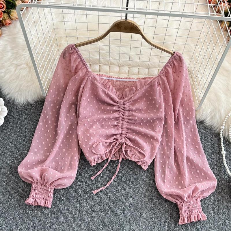 

Women's Blouses Korean Elegant Pleated Drawstring Chiffon Femme Blusas Puff Long Sleeve Shirts Women Chic Female Clothing Sexy Crop Tops, White