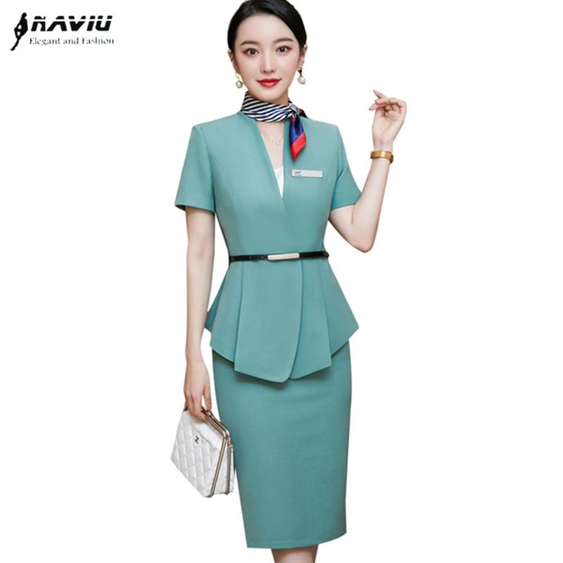 

Pants Professional Suits Women Fashion Temperament Business Formal High Quality Short Sleeve Blazer And Skirt Office Ladies Work Wear, Green coat and skirt