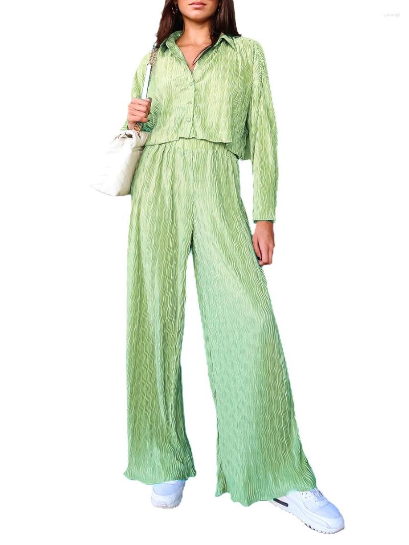 

Women' Two Piece Pants Women Sets Pieces 2023 Pleated Long Sleeve Button-down Shirt With Elastic Waist Trousers Outfit Clothes, Multi