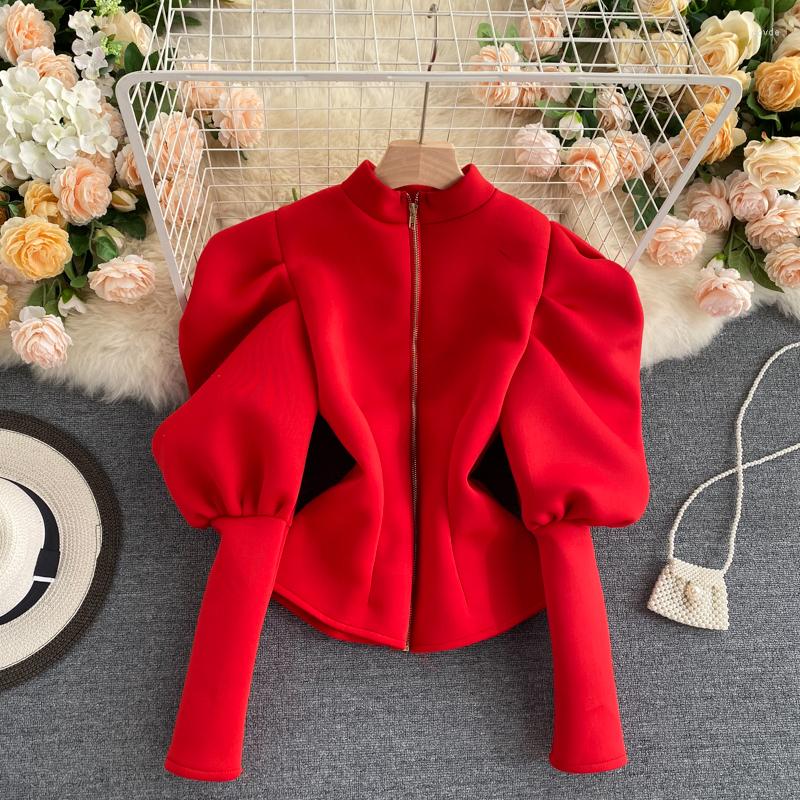 

Women's Blouses Temperament Stand-up Collar Shirts Women Slim Long-sleeved Puff Sleeve Tops Can Be Worn On Both Front Back Blusas Femme, Green