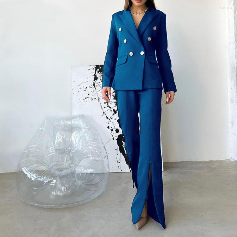 

Women's Two Piece Pants 2023 Women's Suit Design Zipper Flared Tow-Piece Professional Casual Blue Blazer Duble Breasted Set Jacket, Custom color