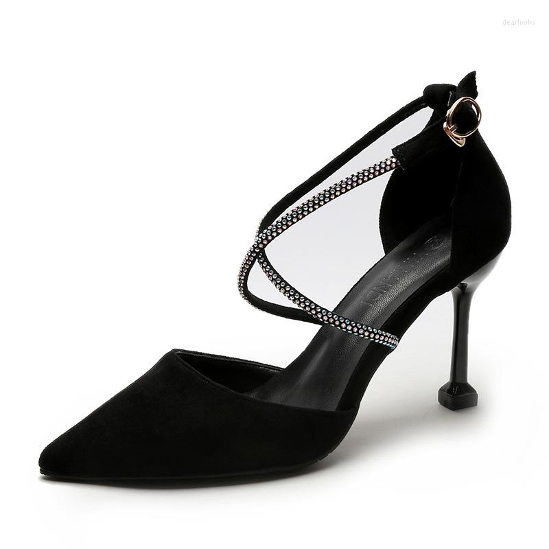 

Sandals 30-44 Pointed Stiletto Heel High Heels Buckle Women Shoes Black Rhinestone Open Toe Summer Woman, 8.5cm heel