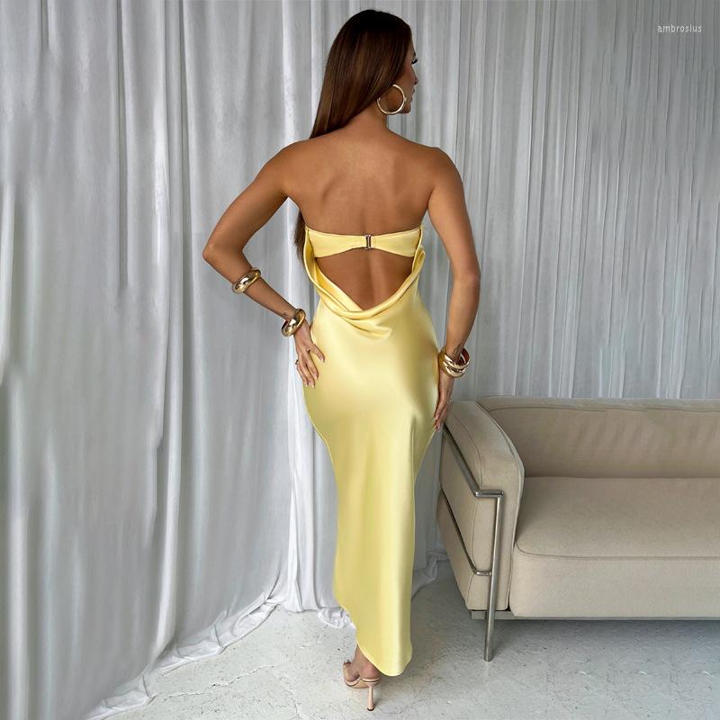 

Casual Dresses Elegant Satin Backless Maxi Dress For Women Gown Fashion Strapless Sleeveless Bodycon Night Club Party Long Vestido, Pink