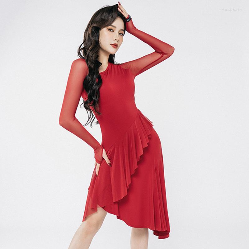 

Stage Wear Women Latin Dance Performance Dress Long Sleeves Samba Rumba Salsa Ballroom Competition SL7625, Red dress