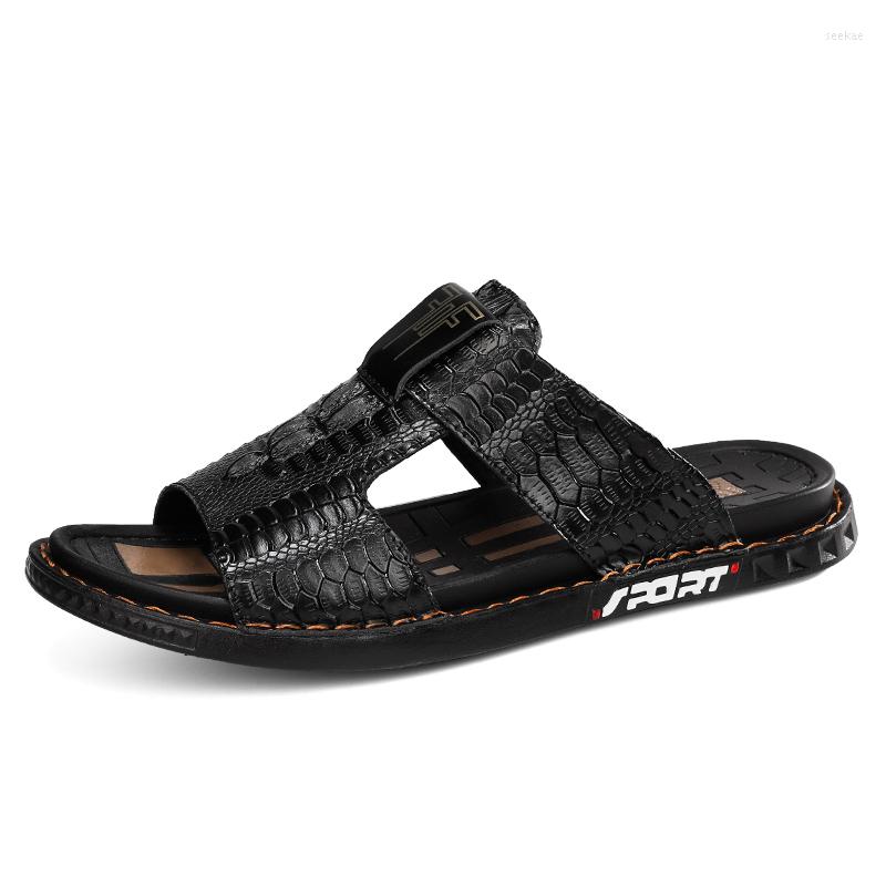 

Slippers Men's Flip Flops Crocodile Pattern Casual Sandals Leather Non-Slip, Brown