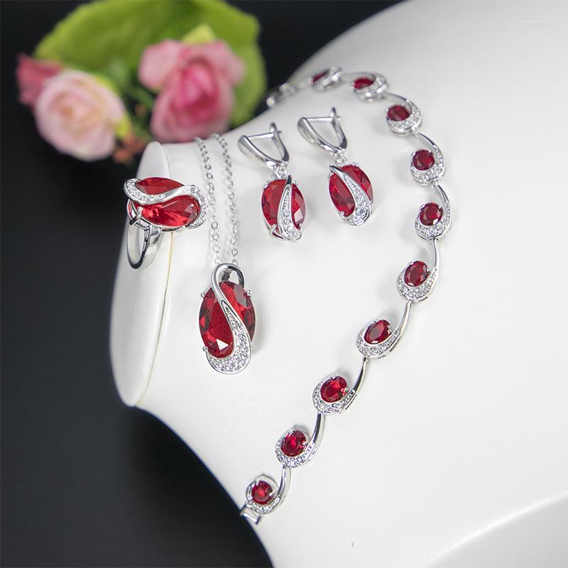 

Necklace Earrings Set Shining Dubai Red And Rings Cubic Zirconia Jewelry For Women Bridal Wedding Party Gifts, Picture shown