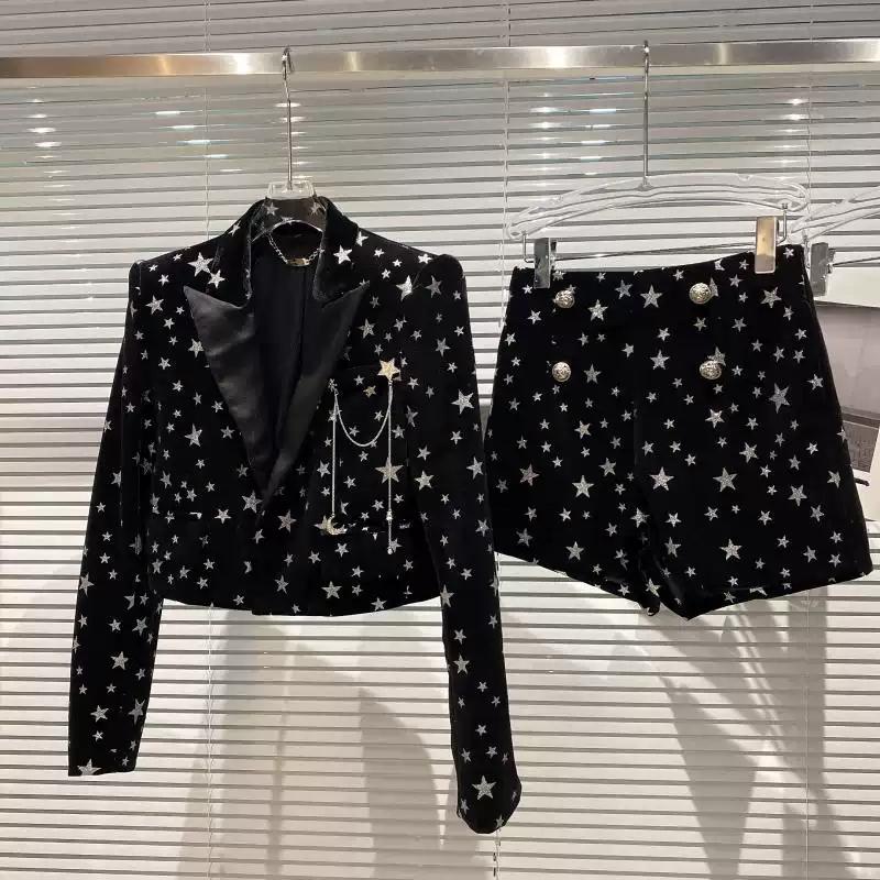 

Dress HIGH STREET NEWEST 2022 DESIGNER SUIT SET WOMEN'S SHIMMER STAR VELVET JACKET LION BUTTONS SHORTS SET 2PCS, Black