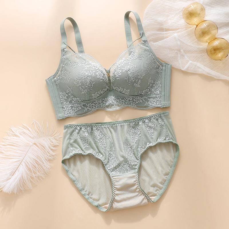 

Bras Sets Top Sexy Underwear Set Cotton Push-Up Bra And Panty 3/4 Cup Green Lace Lingerie Women Deep V Brassiere, Red set