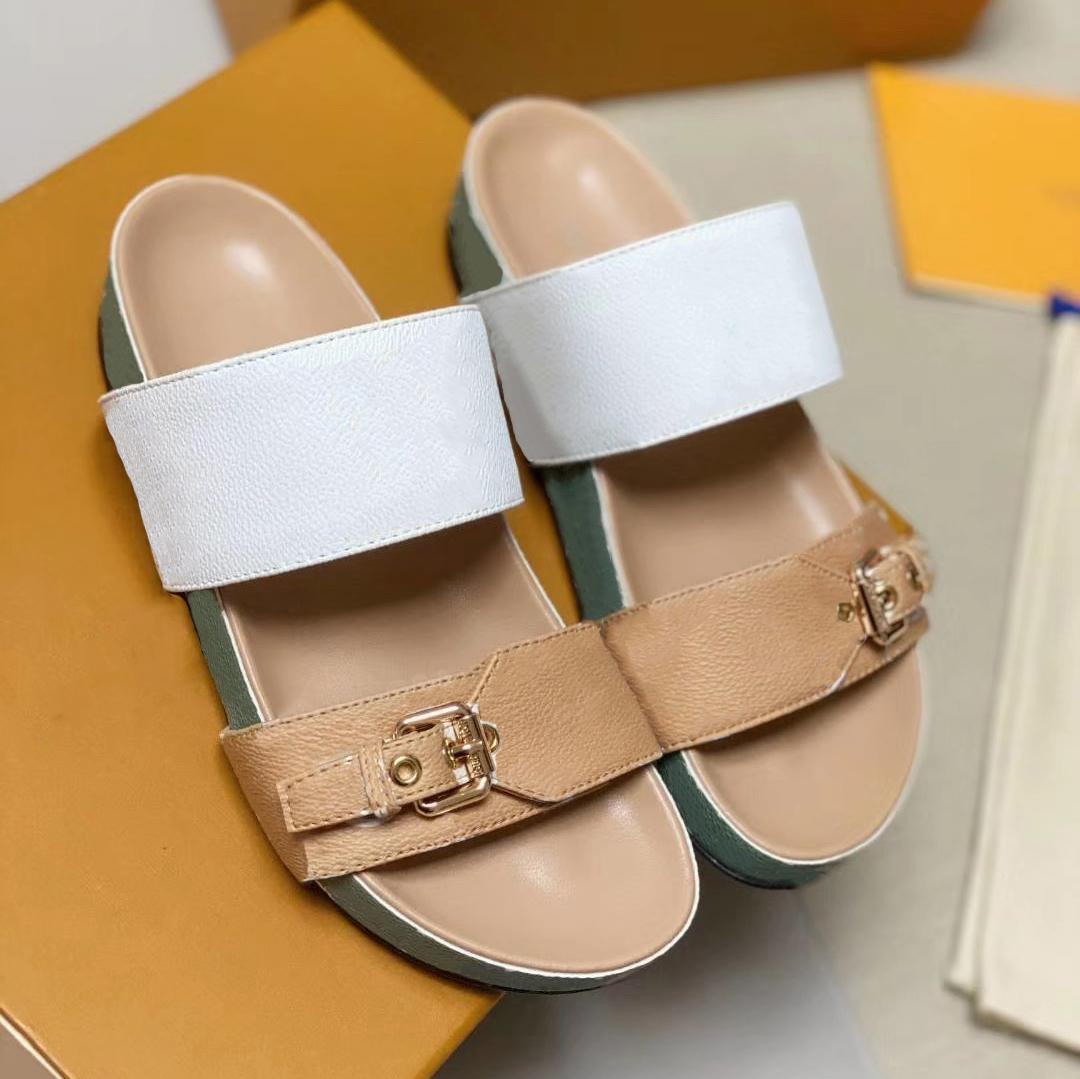 

designer leather Slippers womens sandals BOM DIA FLAT MULE 1A3R5M Cool Effortlessly Stylish Slides 2 Straps with Adjusted Gold Buckles Women Summer Slipper