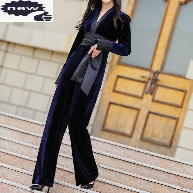 

Women's Jumpsuits & Rompers Women V-Neck Fashion Jumpsuit High Waist Velvet Elegant Office Lady Long Sleeve Sashes Slim Streetwear Wide Leg, Blue