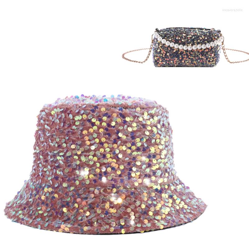 

Berets 2-piece Hat Bag Women Fashion Elegant Glitter Basin Shoulder Ladies Handbag Bucket Party Set Autumn Winter Style, Only hat