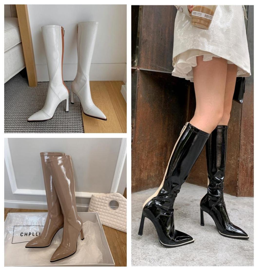 

2021 95cm heels boots Patent leather stylish solid color pointed female women ThighHigh knee boots Fashion barreled stretch boot5683521, Black