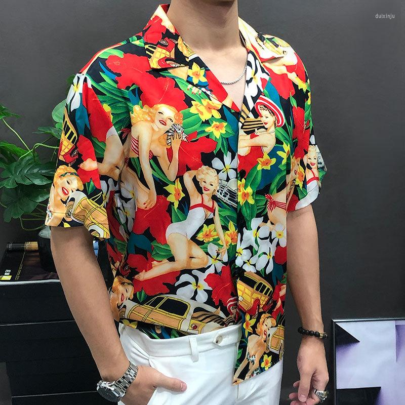 

Men's Casual Shirts Hawaii Colorful Flowers Shirt Streetwear Social Party Blusa Camisa Masculina Woman Portrait Print Summer Men Short, Picture