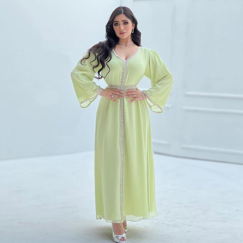 

Ethnic Clothing Women Spring Summer Muslim Chiffon Nailed Beads Belt Dress Turkish Abaya Arab Islamic Moroccan Kaftan Robe Ramadan