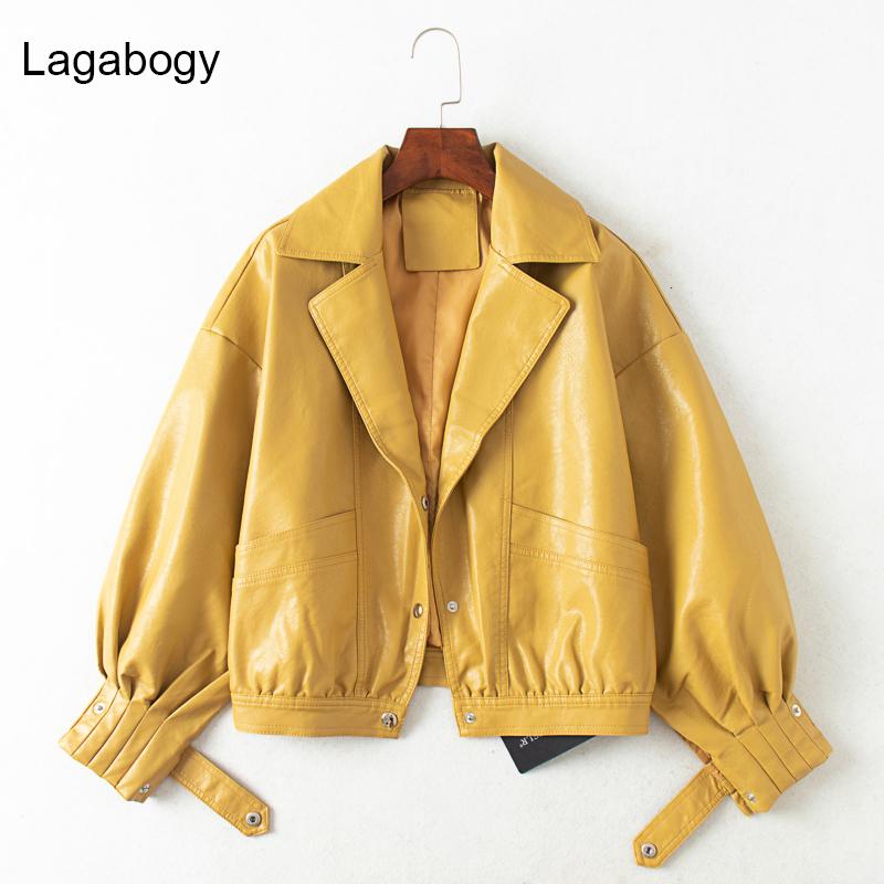 

Jackets Lagabogy Women PU Leather Jacket Single Breasted Short Motorcycle Punk Coat Female Long Sleeve Loose Faux Leather Bomber Outwear, Black