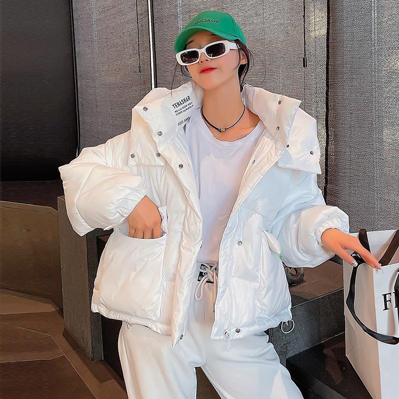 

Leather 2022 Winter Women Stand Collar Short Cotton Padded Coat Korean Hooded Large Pocket Casual Long Sleeve Warm Cotton Parkas Outwear, Pink