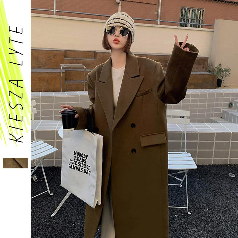 

Fur Thickened Brown Long Suit Woolen Coat Women's Winter 2022 New Korean Style Doublebreasted Lapel Woolen Coats, Brown thin lining