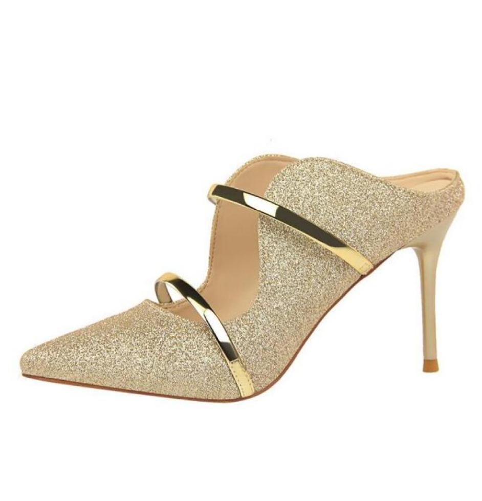 

luxury Sexy Women party dress shoes medium heel sandals and slippers shallow mouth pointed fashion high heels hollow metal word wi8903118, Silver