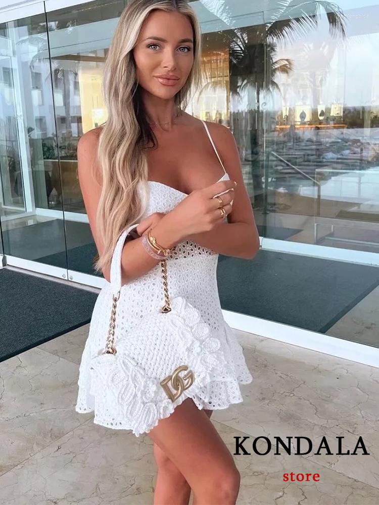 

Casual Dresses KONDALA Vintage Solid White Hook Flower Hollow Mini Party Dress Women Corset Ruffles Beach Fashion 2023 Summer Vestidos