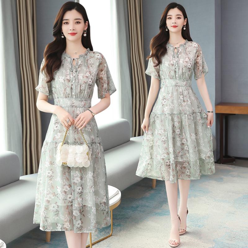 

Party Dresses Floral Chiffon Long Skirt Dress Female Summer Style Small Fresh Fairy Super Platycodon First Love Forest, Green