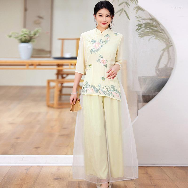 

Women' Two Piece Pants Spring Fashion Suit Chinese Style Embroidery Stand Collar Slim Three Quarter Sleeve Top Elastic Waist Long Set -XXL, Light green