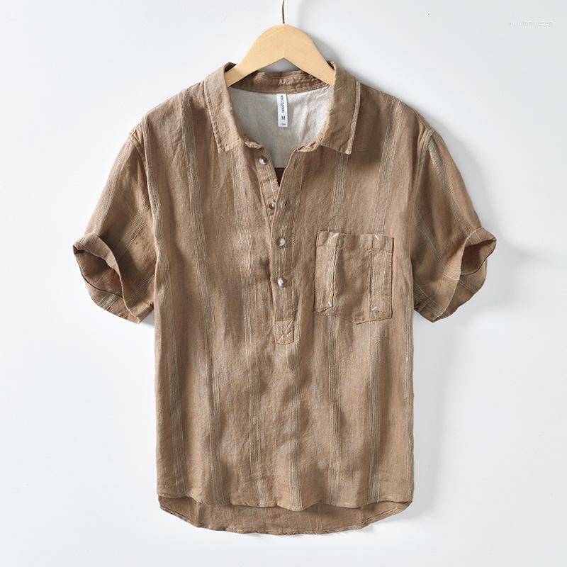 

Men's Casual Shirts L956 High Quality Linen Men's Summer Shirt Japan Style Half Sleeve Striped Simple Blouse Teens Breathable Daily Tops, L956 khaki