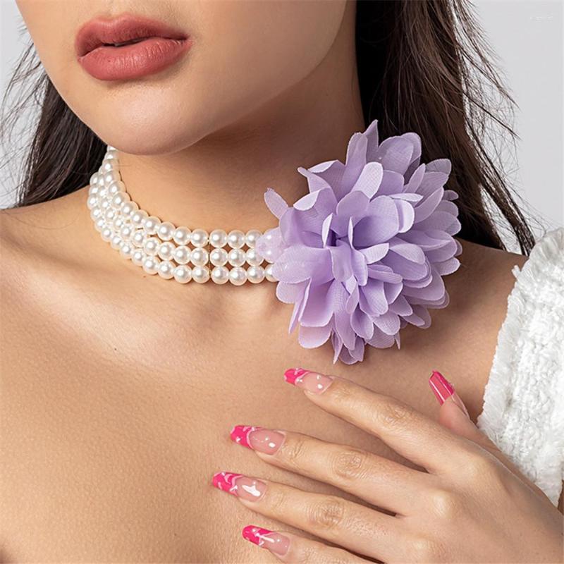 

Choker Novelly Neck Decorations Pearls Clavicle Chain Big Flower Necklace For Women Romantic Purple Collar Gift