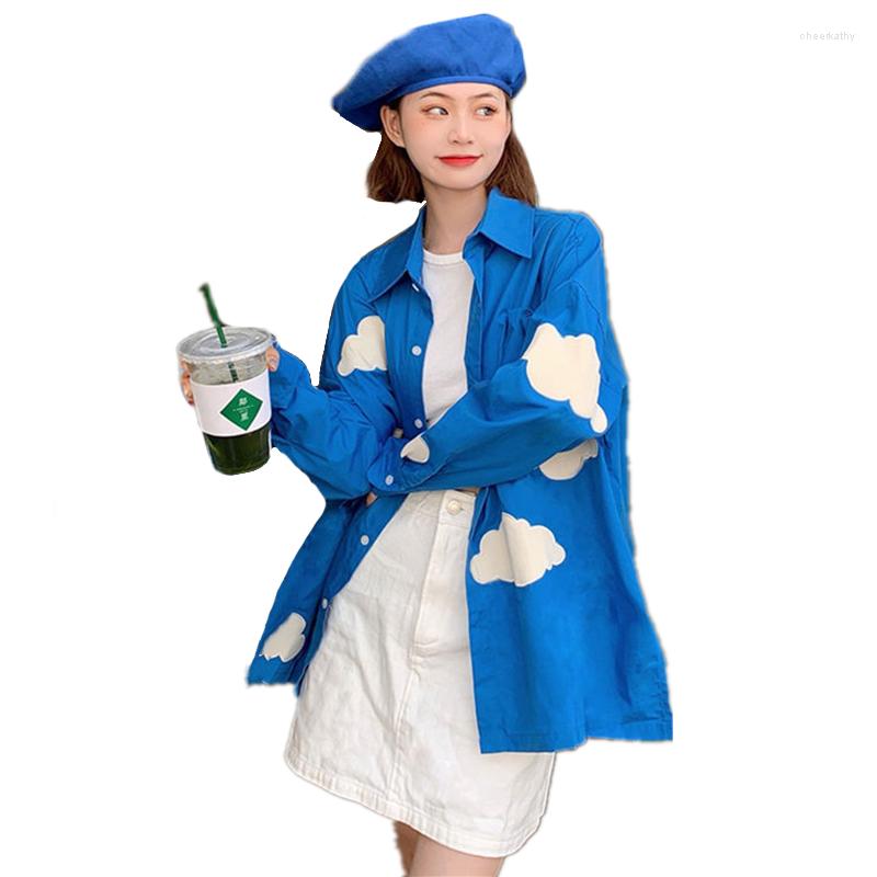 

Women's Blouses Harajuku Blue Women Shirt Sky Cloud Print Long Sleeve Blouse Hawaiian Beach Style Graphic Vintage Blusas Street Fashion Tops, Sky blue