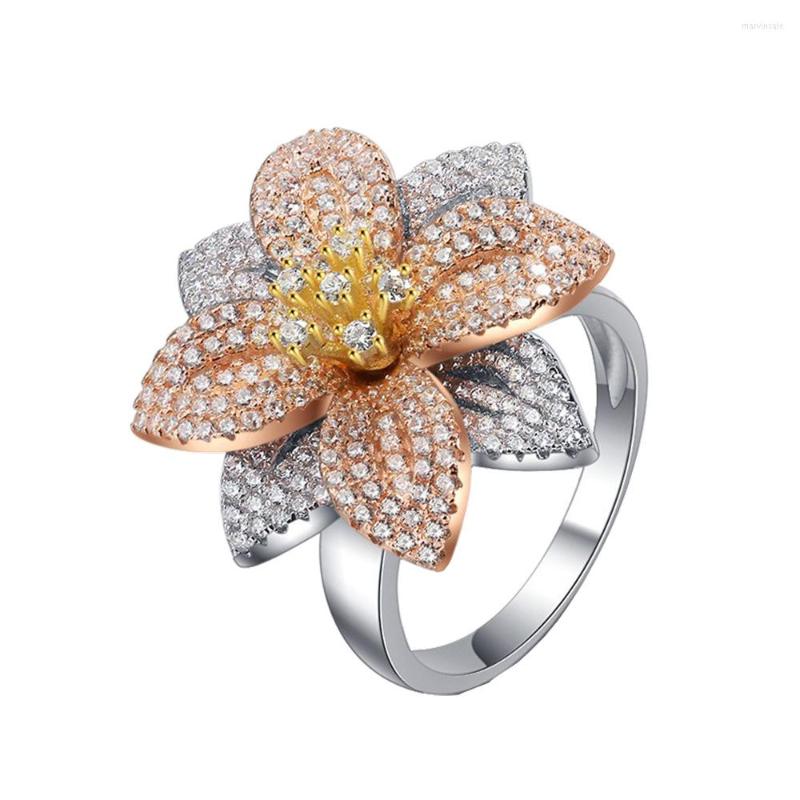 

Cluster Rings Autumn Custom Flower Ring S925 Silver Exaggerated European And American Luxury Three Colors Micro Inlaid Electroplating