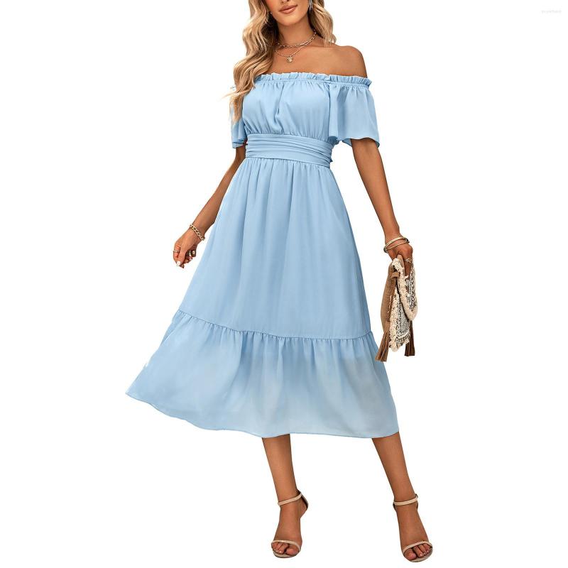 

Casual Dresses Women Boho Solid Color One Shoulder Waist Backless A Line Midi Long Skirt Dress, Blue