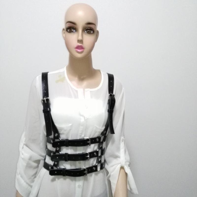 

Garters Women Handmade Leather Punk Harness Sexy Chest Belt Harajuku Body Bondage Cage 3 Rows Waist Rivet Stud O-round Slim, Black
