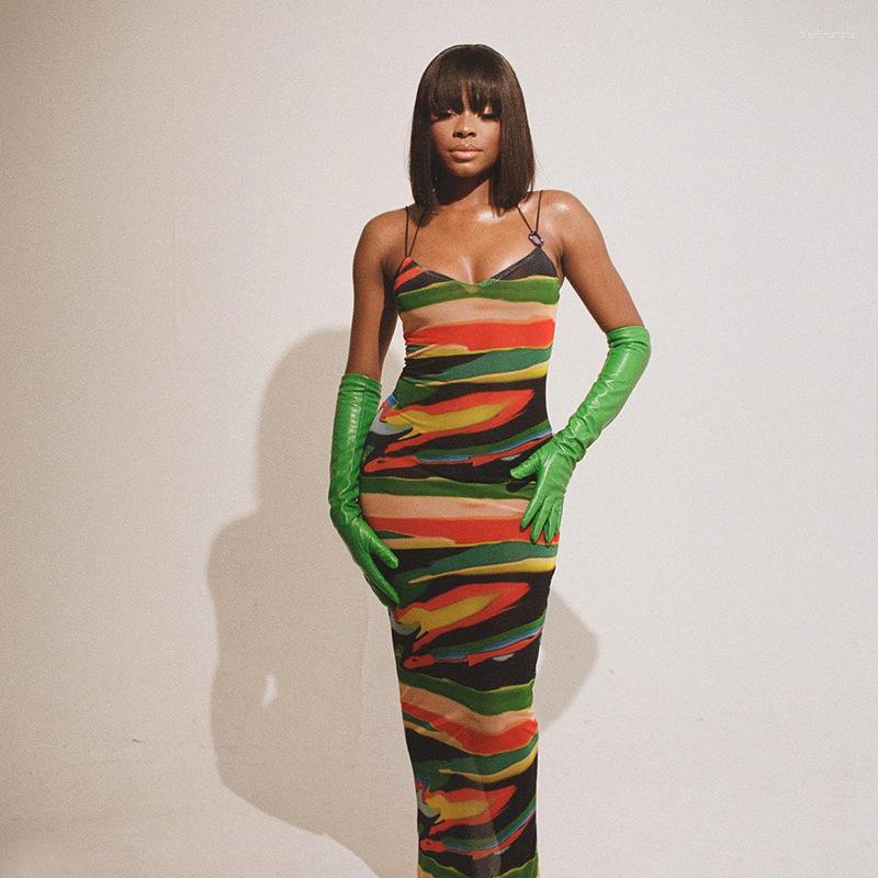 

Casual Dresses Rainbow Print Sexy Slim Dress Women Sleeveless Long Backless Strap Boho Ladies Summer Maxi Vestidos 2023, Multicolor
