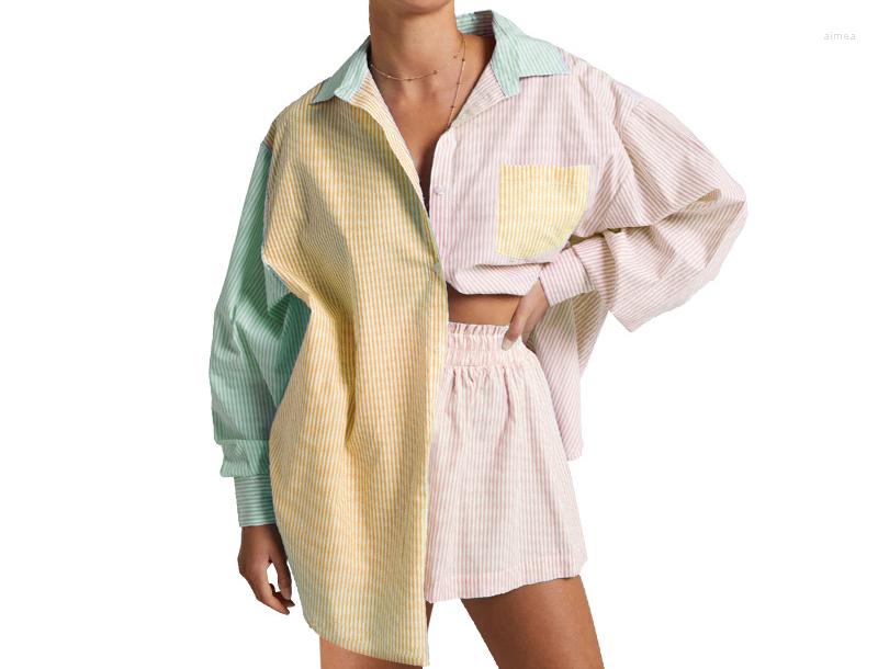 

Women' Tracksuits Women' Single Breasted Color Matching Long Sleeved Shirt Top Two-piece Fashion Casual Short Suit Female Office