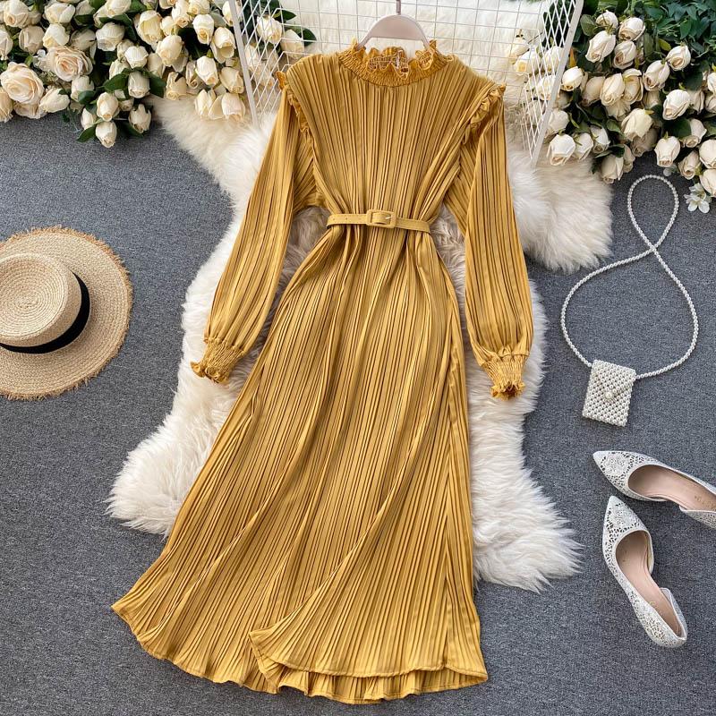 

Casual Dresses Autumn Winter Elegant Knitted Patchwork Pleated Dress Women Long Sleeve Office One-Piece Sweater With Belt, Black