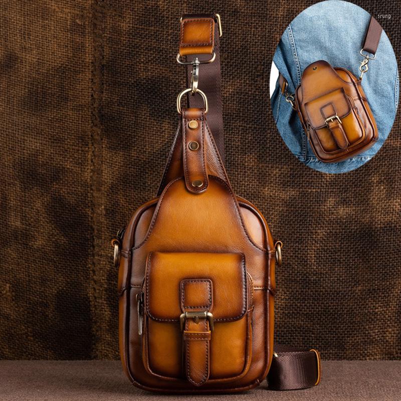 

Evening Bags Genuine Leather Men Cross Body Shoulder Chest Bag Sling Backpack Travel Retro Designer Male Real Cowhide Crossbody Messenger, Black