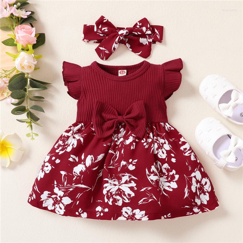 

Girl Dresses Infant Baby Clothing Princess Clothes Sleeve Bow Front Floral Printed Headband For Born Summer Outfit, Multi