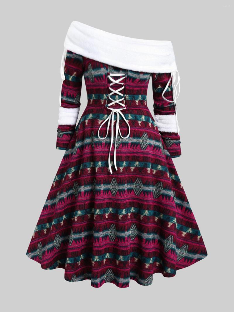 

Casual Dresses ROSEGAL Winter Vintage Sweater Robe Vestidos Women's Plus Size Fluffy Folded Skew Collar Lace-up Jacquard Knit Dress 5XL, Deep red