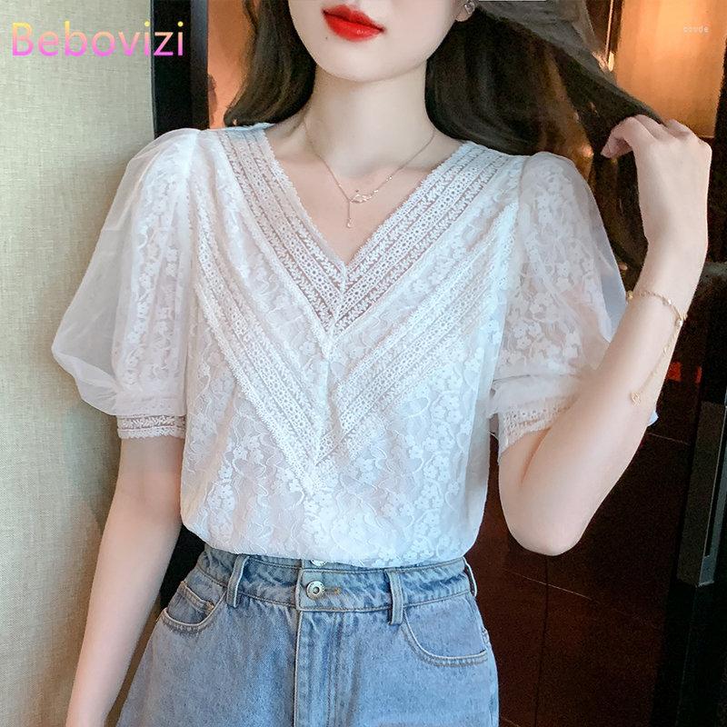 

Women' Blouses Women' Short Sleeve Lace Chiffon Blouse 2023 Summer Top V-neck Hollow Puff Shirt, White
