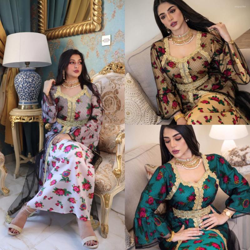 

Ethnic Clothing Eid Middle East Abayas Women Dubai Dress Lace Applique Mesh Printing Long Sleeves Elegant Evening Party Muslim Clothes