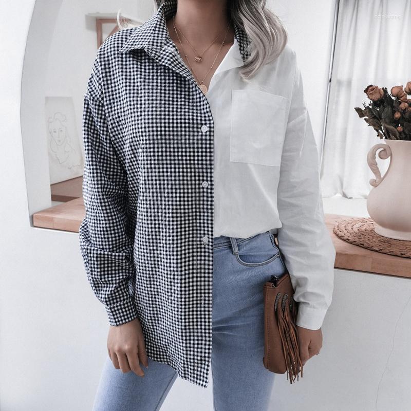 

Women' Blouses Women' Spring Summer Casual Plaid Stitching Oversized Cotton Shirt For Ladies Fashion Singel Breasted Tops, White