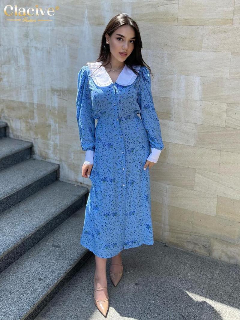 

Casual Dresses Clacive Fashion Slim Print Midi Dress Ladies Elegant Classic Doll Collar Long Sleeve Single Breasted Slit For Women 2023, Blue